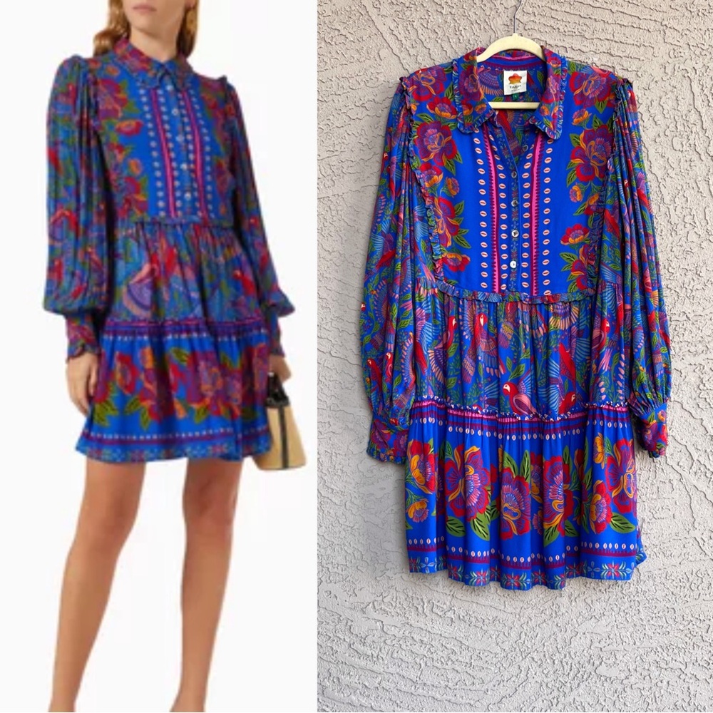 FARM RIO Blue & Red Tropical Floral Macaw Flight Ruffle Long Sleeve Shirtdress L